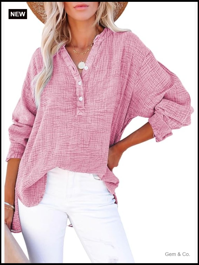 Oversized Button Down V Neck Long Sleeve Blouse Tunics